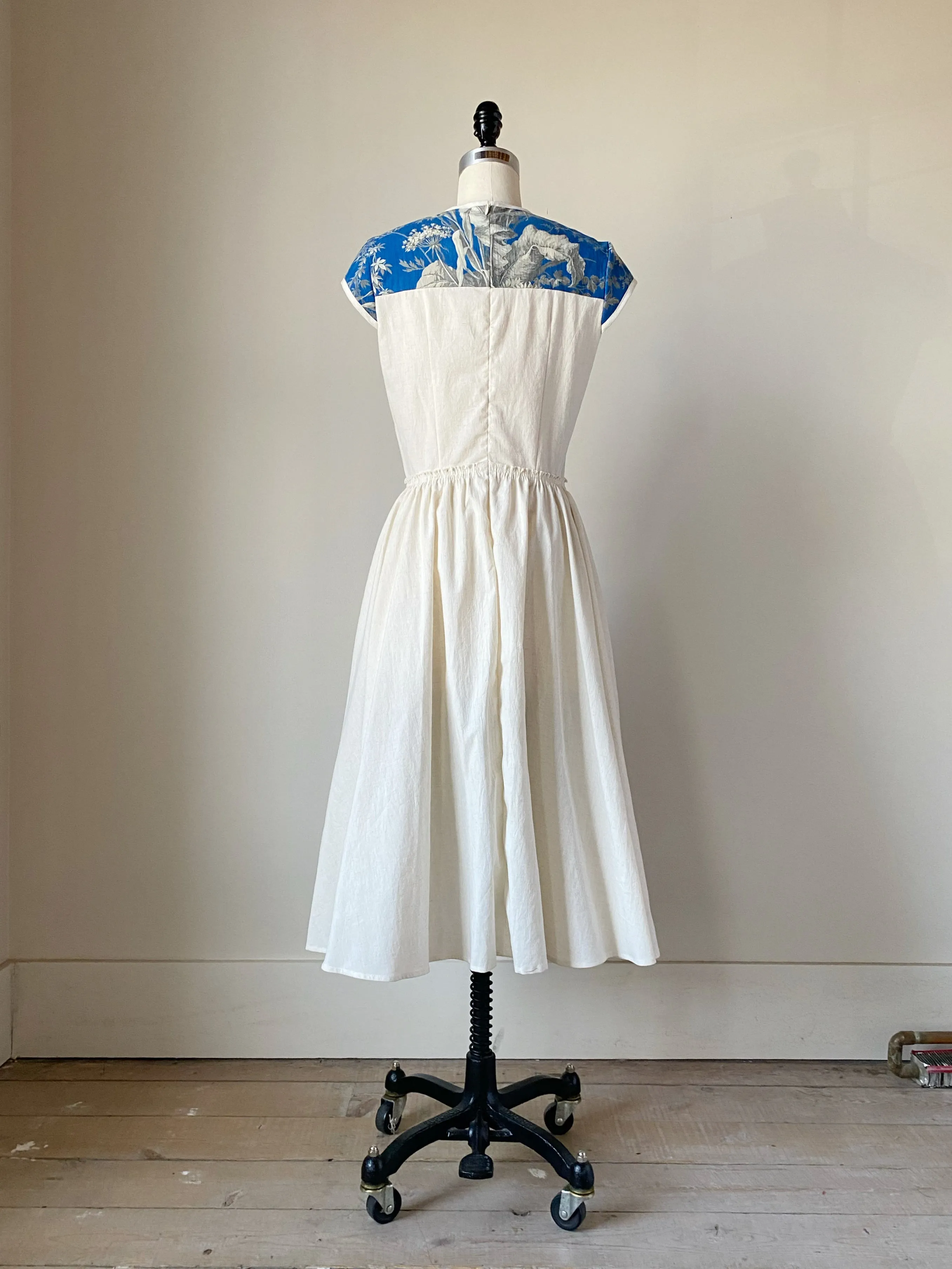 19th century blue toile patched lillian dress