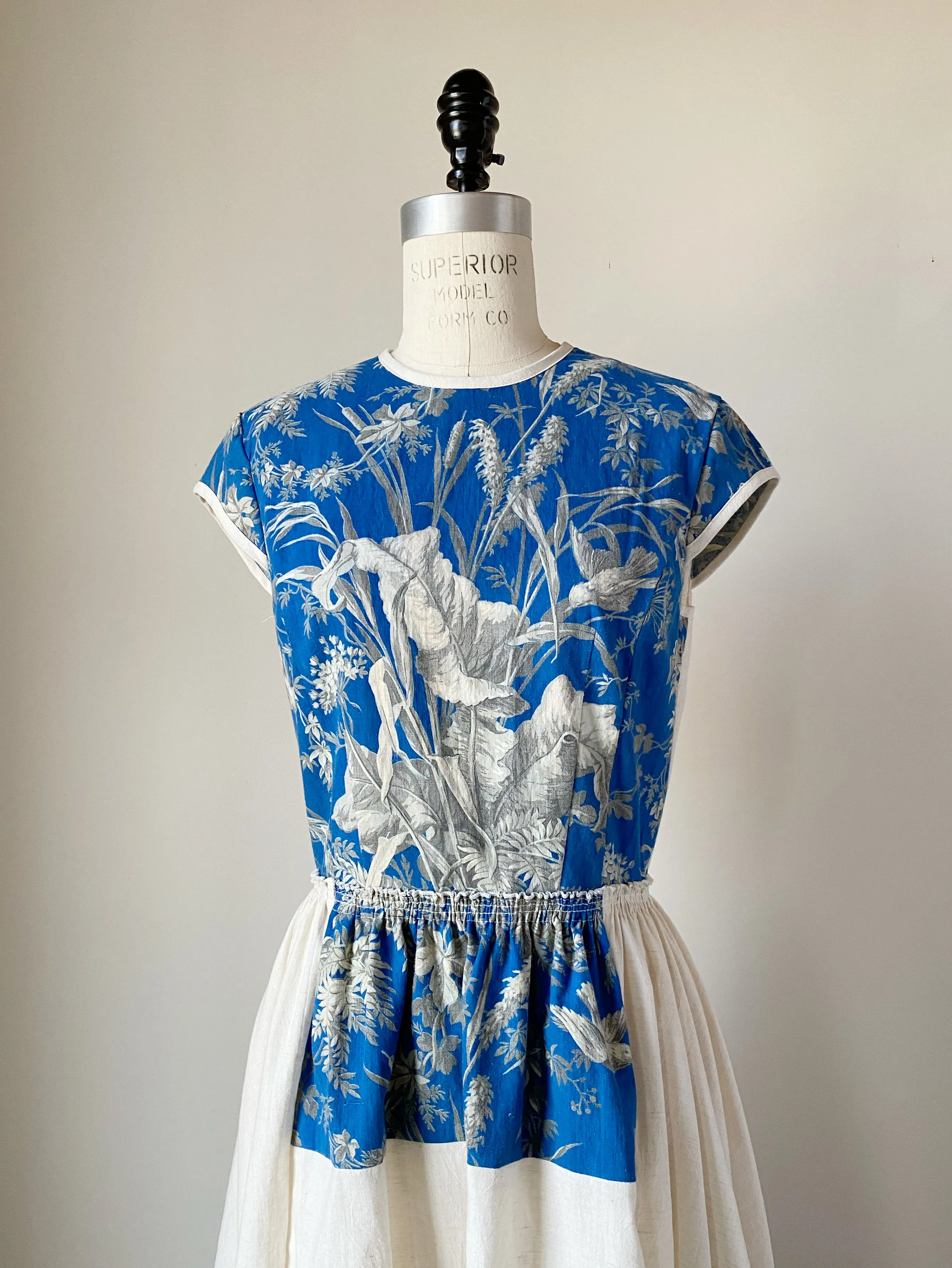 19th century blue toile patched lillian dress