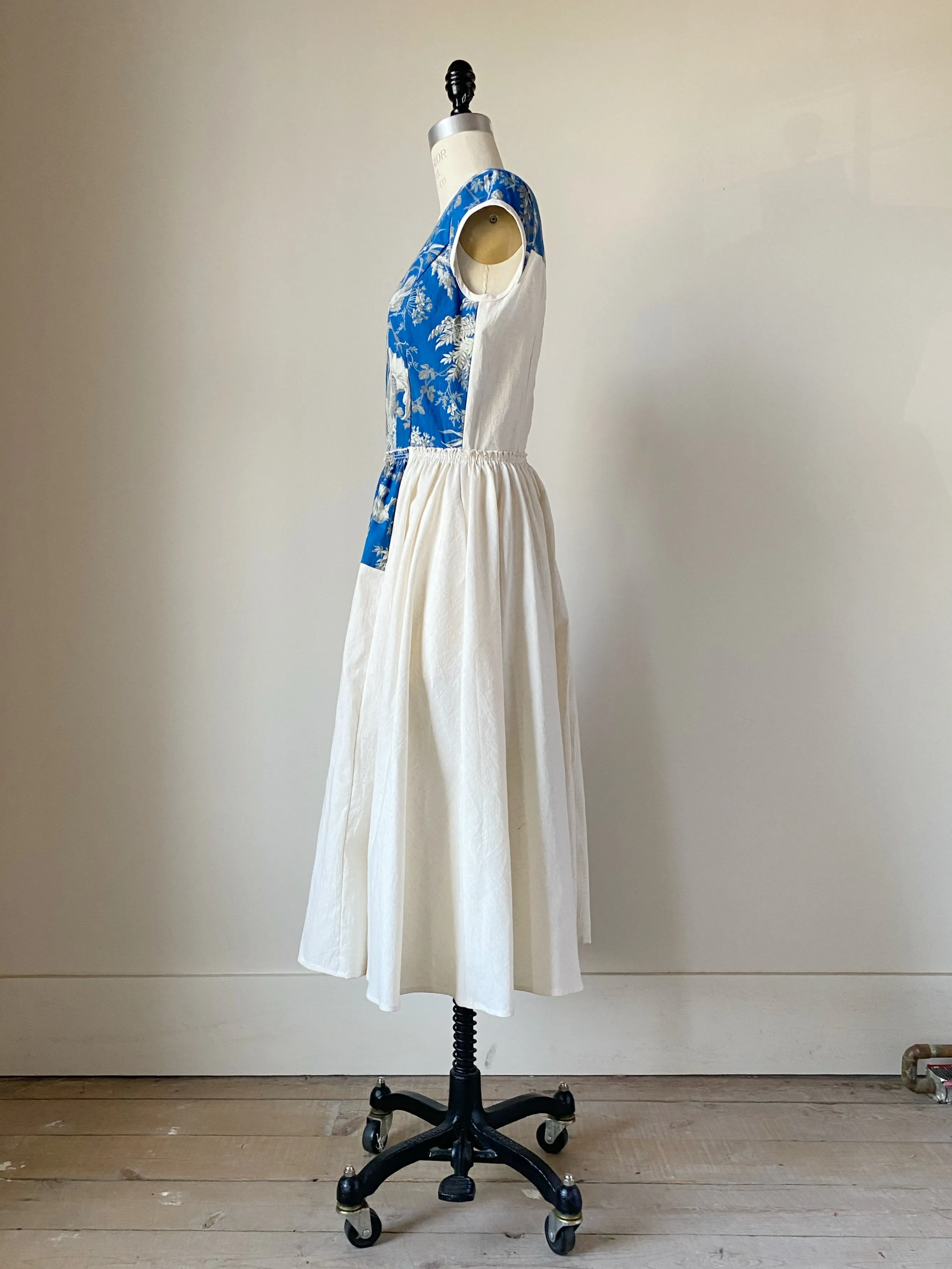 19th century blue toile patched lillian dress