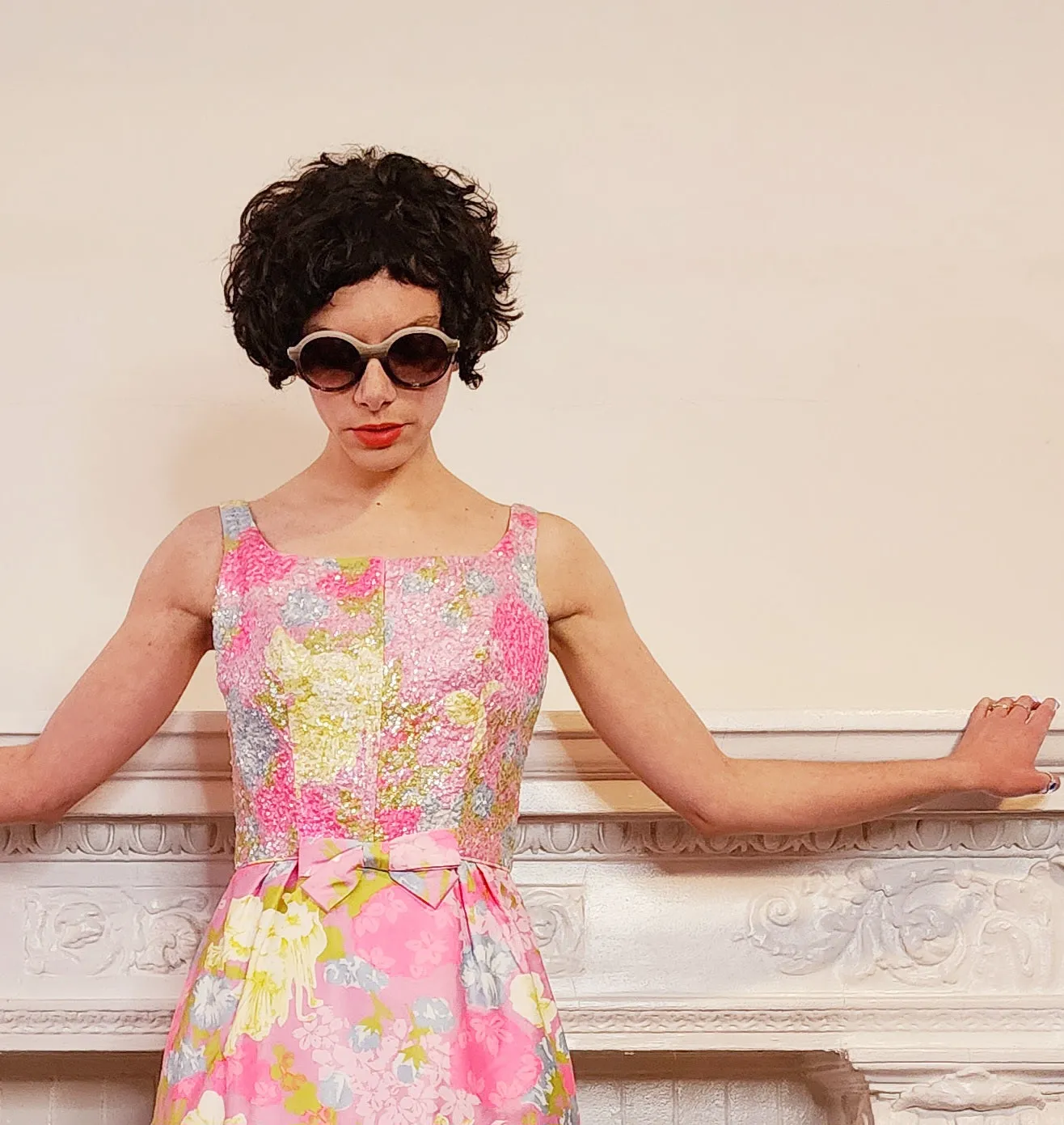 60s Pink Sequined Party Dress w/Floral Print, Sleeveless S by Mardi Gras