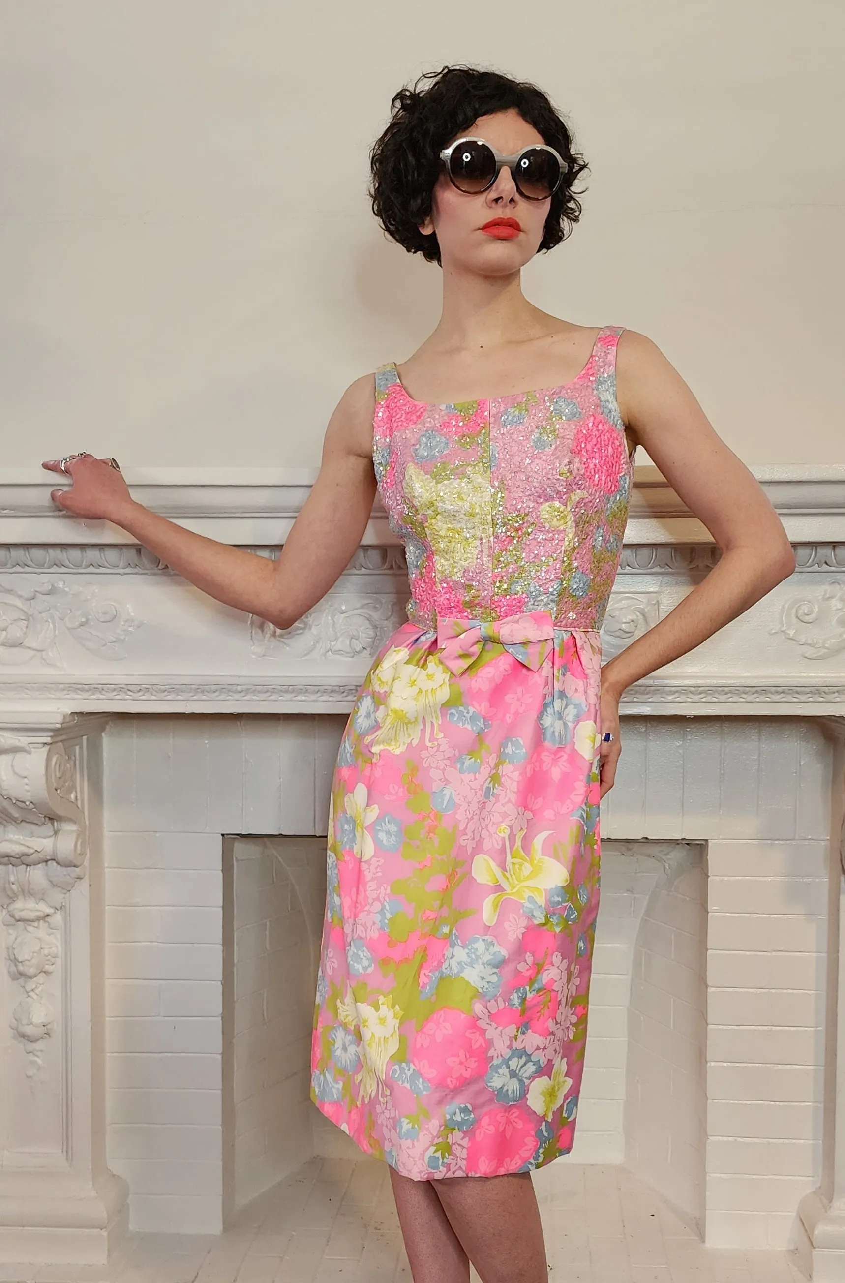 60s Pink Sequined Party Dress w/Floral Print, Sleeveless S by Mardi Gras