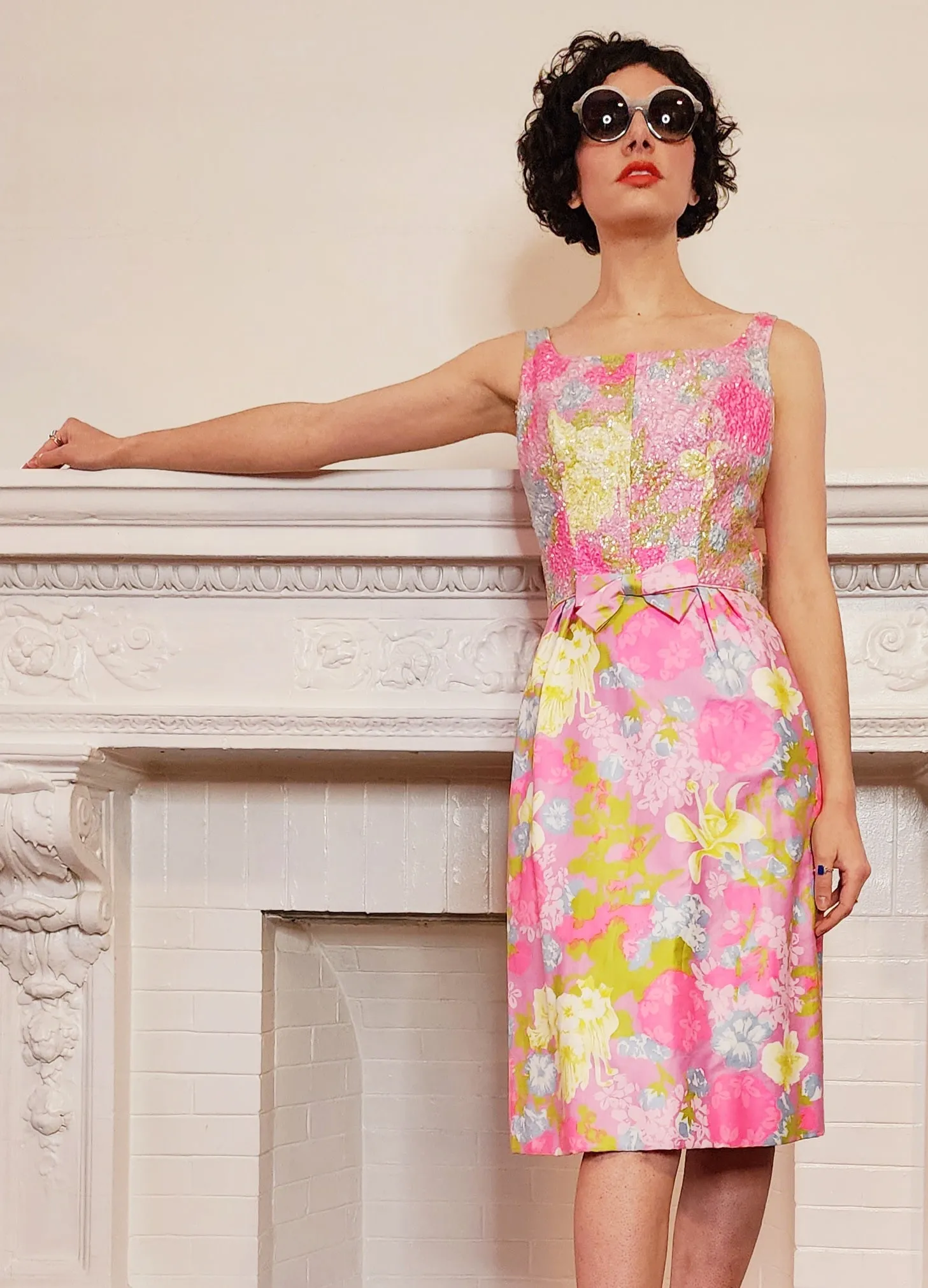 60s Pink Sequined Party Dress w/Floral Print, Sleeveless S by Mardi Gras