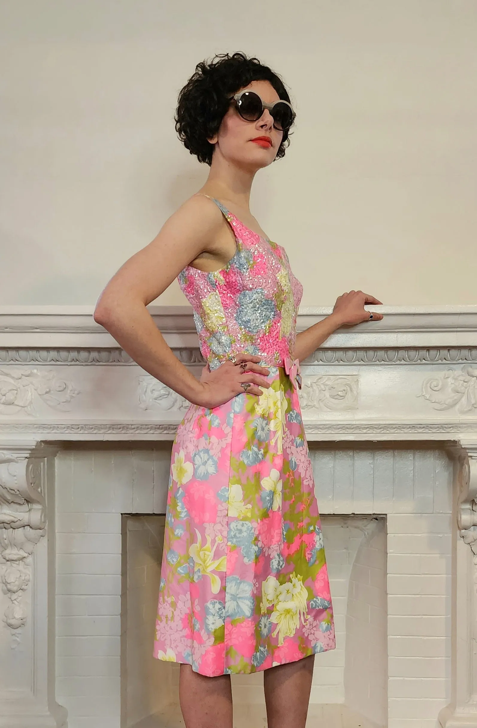 60s Pink Sequined Party Dress w/Floral Print, Sleeveless S by Mardi Gras