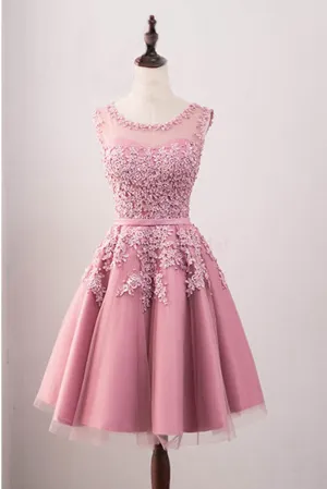 A Line Applique Tulle Short Homecoming Dresses,Cocktail Party Dresses,Graduation Dresses OK347