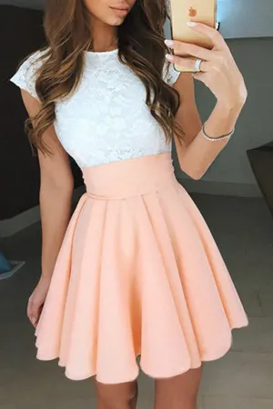 A-Line Jewel Cap Sleeves Pearl Pink Short Homecoming/Prom Dresses with White Lace OK292