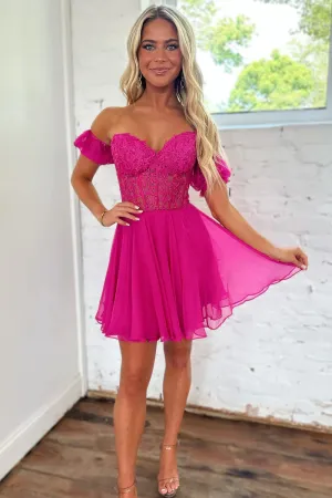 A Line Off the shoulder Lace Appliques Homecoming Dress APH0237