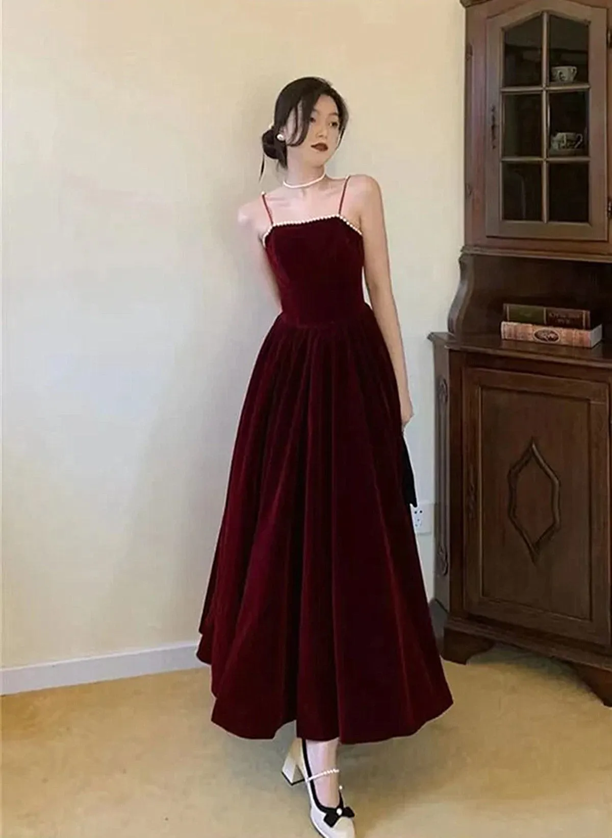 A-line Straps Wine Red Velvet Long Formal Dresses, Wine Red Prom Dresses