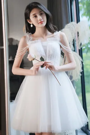 A Line Tulle Beads White Short Prom Dress, White Homecoming Dress APP0961