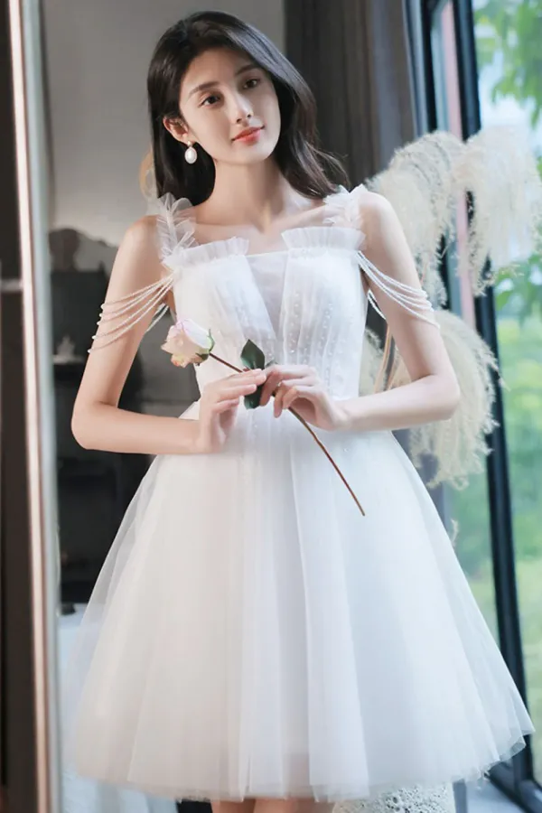 A Line Tulle Beads White Short Prom Dress, White Homecoming Dress APP0961