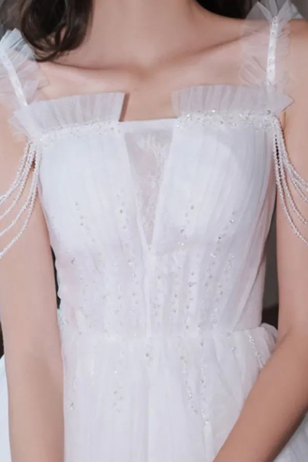 A Line Tulle Beads White Short Prom Dress, White Homecoming Dress APP0961