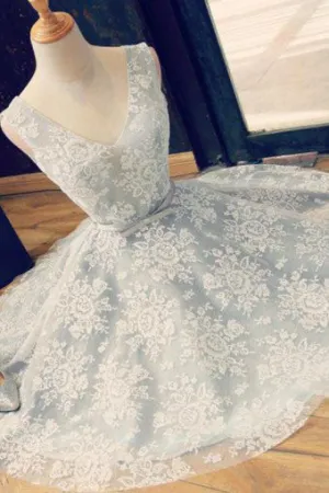A-Line V-Neck Shprt Backless Light Blue Lace Cute Homecoming Dresses with Belt OK257