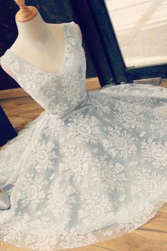 A-Line V-Neck Shprt Backless Light Blue Lace Cute Homecoming Dresses with Belt OK257