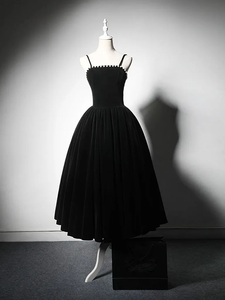 A-Line Velvet Burgundy Beads Tea Length Prom Dress, Burgundy Cocktail Dress