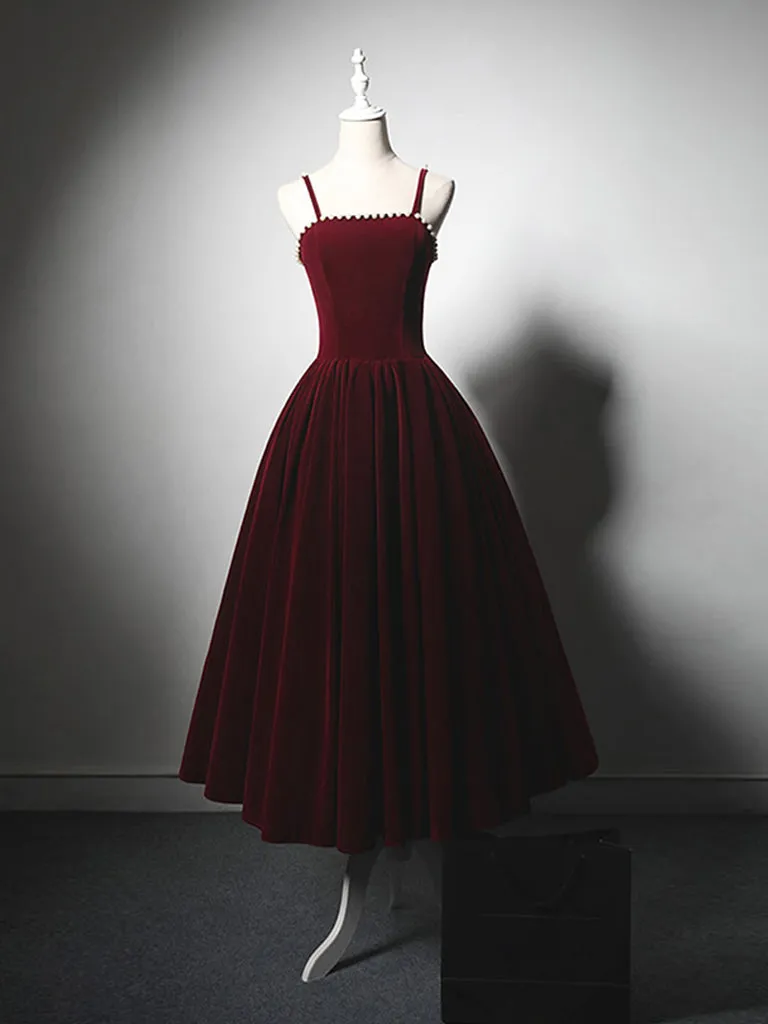 A-Line Velvet Burgundy Beads Tea Length Prom Dress, Burgundy Cocktail Dress