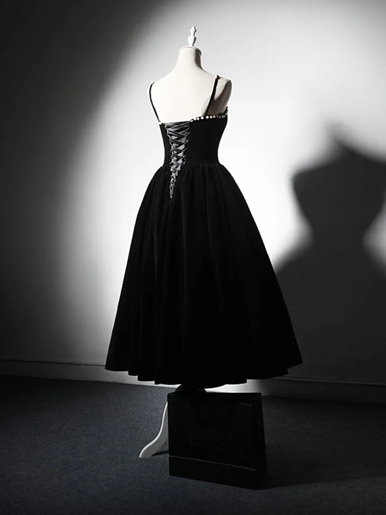 A-Line Velvet Burgundy Beads Tea Length Prom Dress, Burgundy Cocktail Dress