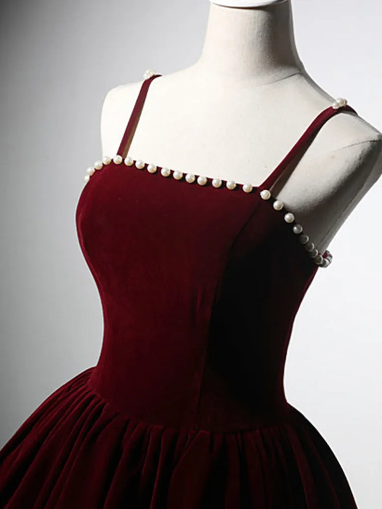A-Line Velvet Burgundy Beads Tea Length Prom Dress, Burgundy Cocktail Dress