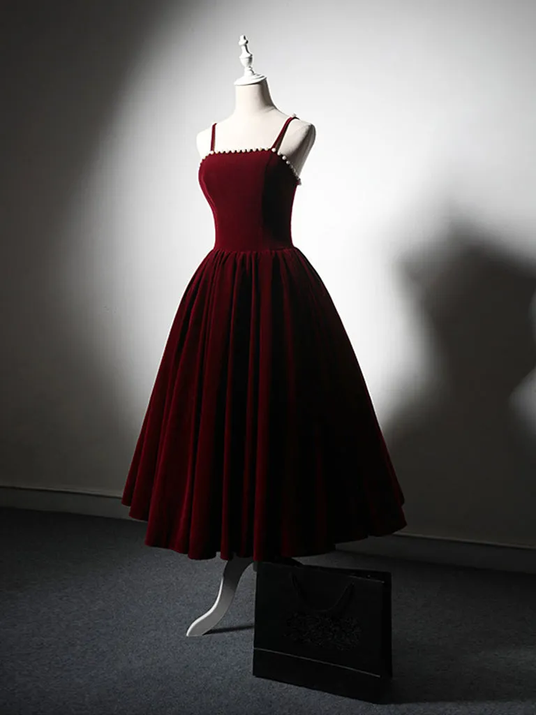 A-Line Velvet Burgundy Beads Tea Length Prom Dress, Burgundy Cocktail Dress