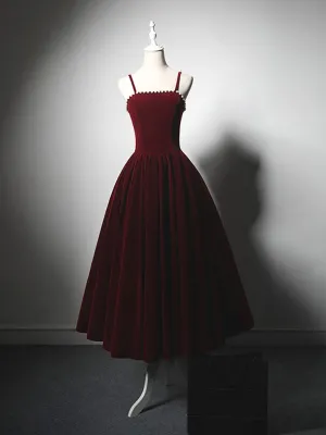 A-Line Velvet Burgundy Beads Tea Length Prom Dress, Burgundy Cocktail Dress