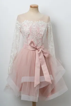 Anneprom A line Cute Pink Short Prom Dress Long Sleeve Scoop Lace Homecoming Dresses APH0205
