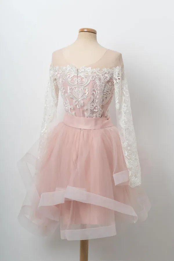 Anneprom A line Cute Pink Short Prom Dress Long Sleeve Scoop Lace Homecoming Dresses APH0205