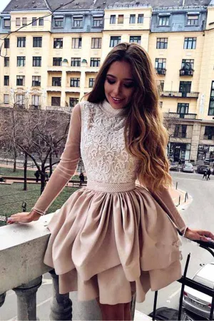 Anneprom A Line High Neck Long Sleeve Pleats Open Back Satin Short Homecoming Dresses With Lace APH0132