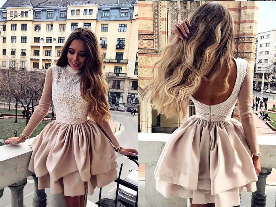 Anneprom A Line High Neck Long Sleeve Pleats Open Back Satin Short Homecoming Dresses With Lace APH0132