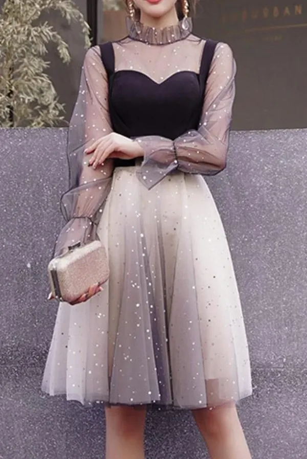 Anneprom A-line Short Prom Dress Black Starry Gradient Dress Homecoming Dress APH0086