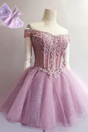 Anneprom A-line Short Prom Dress Off-the-shoulder Juniors Homecoming Dress APH0092
