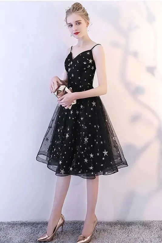 Anneprom Black Spaghetti Straps V Neck Tulle Graduation Dress with Stars, Glitter Homecoming Dress APH0060