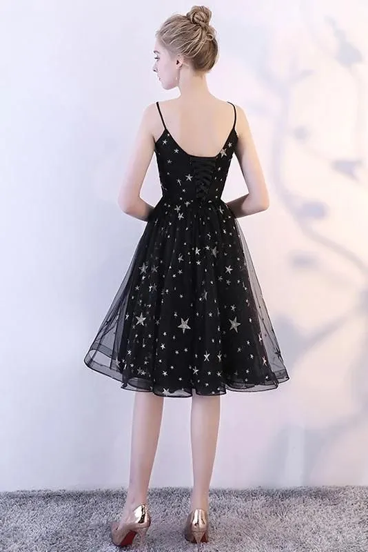Anneprom Black Spaghetti Straps V Neck Tulle Graduation Dress with Stars, Glitter Homecoming Dress APH0060