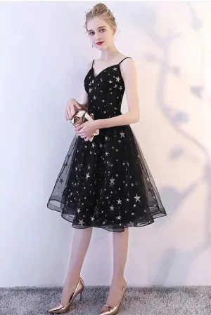 Anneprom Black Spaghetti Straps V Neck Tulle Graduation Dress with Stars, Glitter Homecoming Dress APH0060