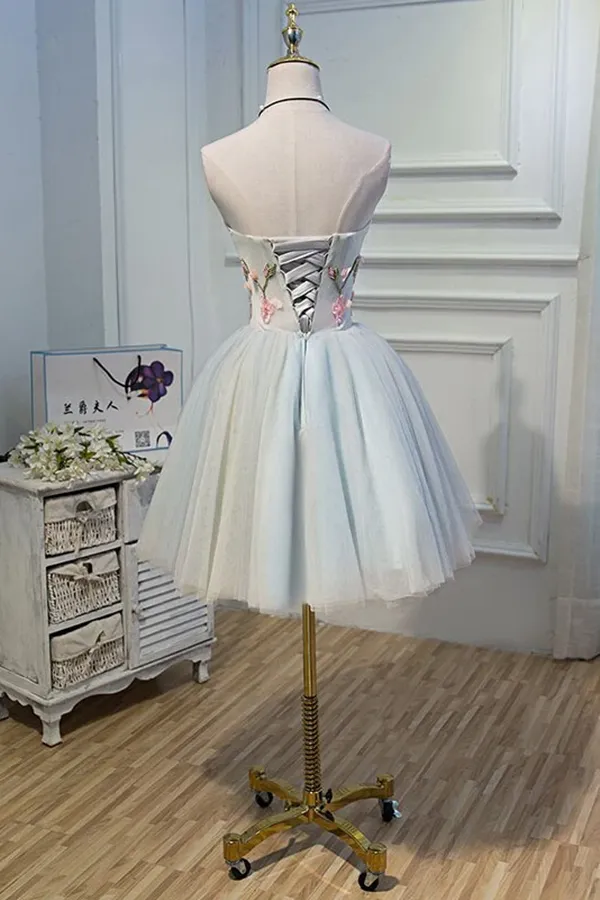 Anneprom Cute Blue Strapless Tulle Homecoming Dresses with 3D Flowers Lace up Dance Dresses APH0137