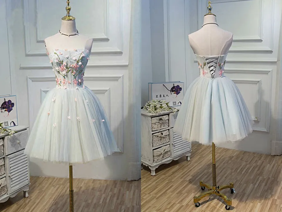 Anneprom Cute Blue Strapless Tulle Homecoming Dresses with 3D Flowers Lace up Dance Dresses APH0137