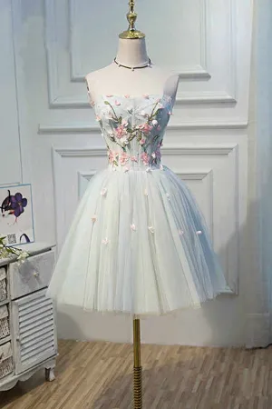 Anneprom Cute Blue Strapless Tulle Homecoming Dresses with 3D Flowers Lace up Dance Dresses APH0137