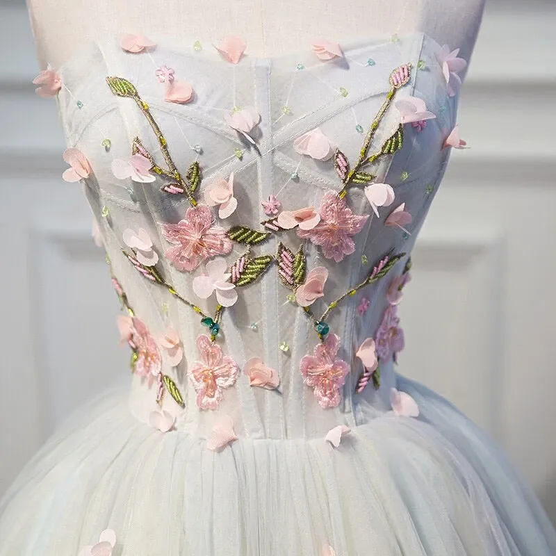 Anneprom Cute Blue Strapless Tulle Homecoming Dresses with 3D Flowers Lace up Dance Dresses APH0137