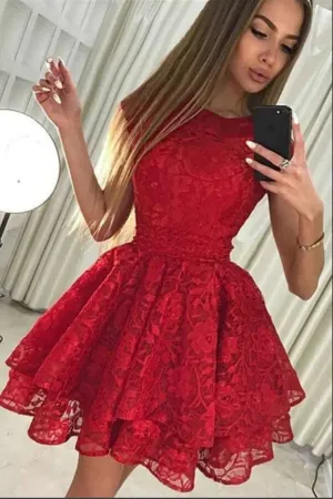 Anneprom Cute Red Round Neck A line Cap Sleeves Lace Short Homecoming Dresses APH0191