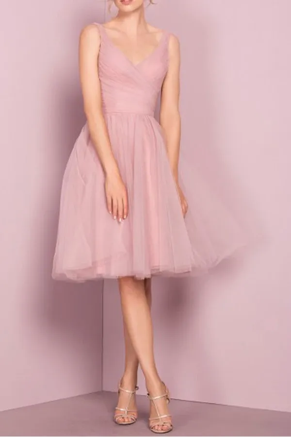 Anneprom Cute V Neck Knee Length Pink Homecoming Dress Short Prom Dresses APP0141