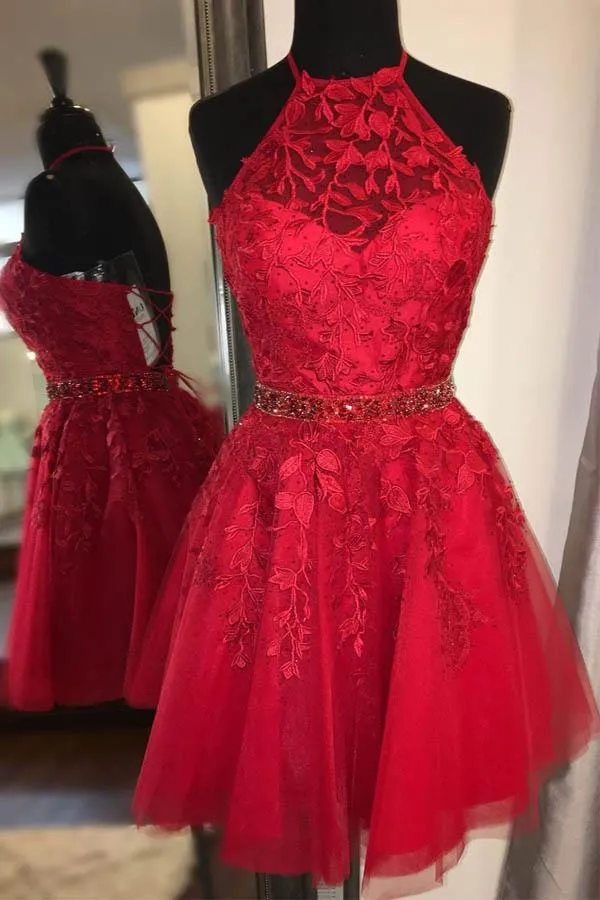 Anneprom Halter Appliqued Yellow Homecoming Dress Short Prom Dress With Beading Belt APH0020
