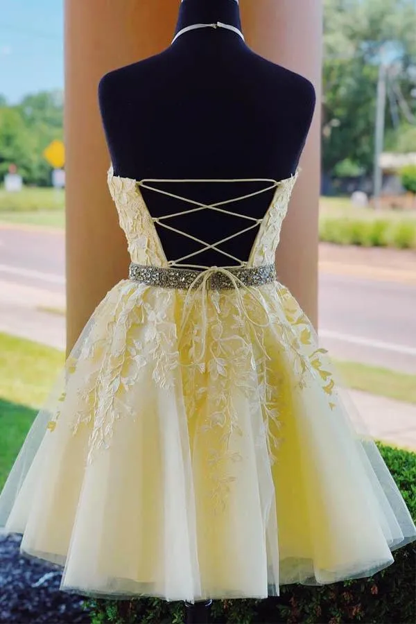 Anneprom Halter Appliqued Yellow Homecoming Dress Short Prom Dress With Beading Belt APH0020