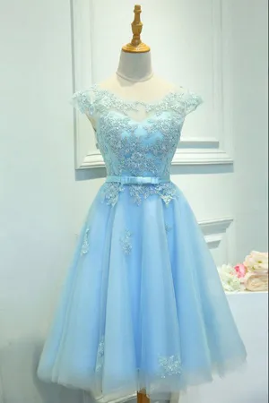 Anneprom Light Blue Capped Sleeve Short Prom Dress, Mid Back Appliques Homecoming Dress APH0142