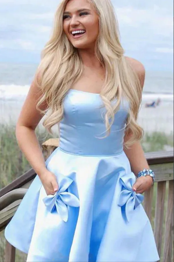 Anneprom Light Blue Satin Homecoming Dresses With Pockets, Short Party Dresses APH0170