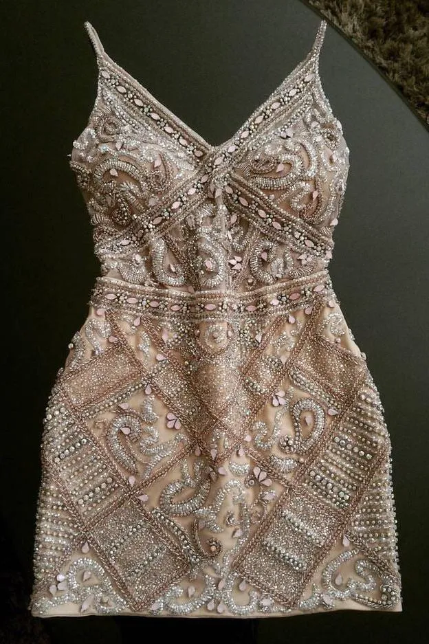 Anneprom Sheath Spaghetti Straps Beading Homecoming Dresses,Short Cocktail Dress APH0056