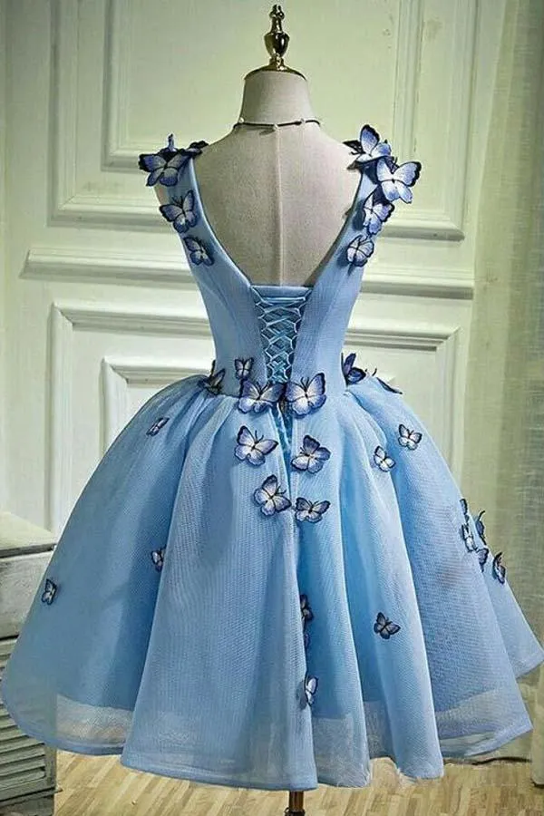 Anneprom Sky Blue Homecoming Dresses Butterfly Applique Short Prom Dress APH0031