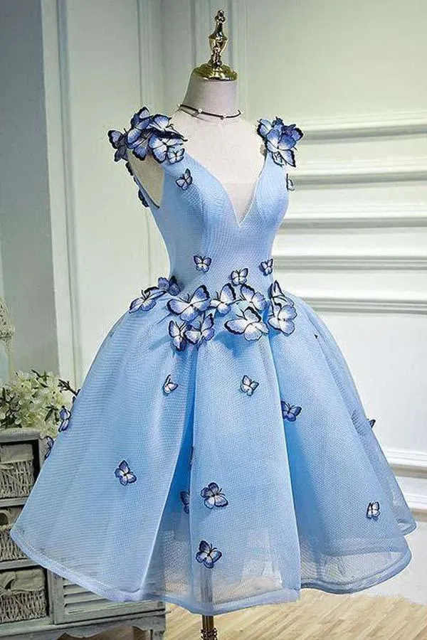 Anneprom Sky Blue Homecoming Dresses Butterfly Applique Short Prom Dress APH0031