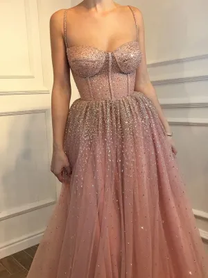 Anneprom Spaghetti Straps Prom Dress A-line Rhinestone Pink Modest Long Prom Dresses/Evening Dress APP0362