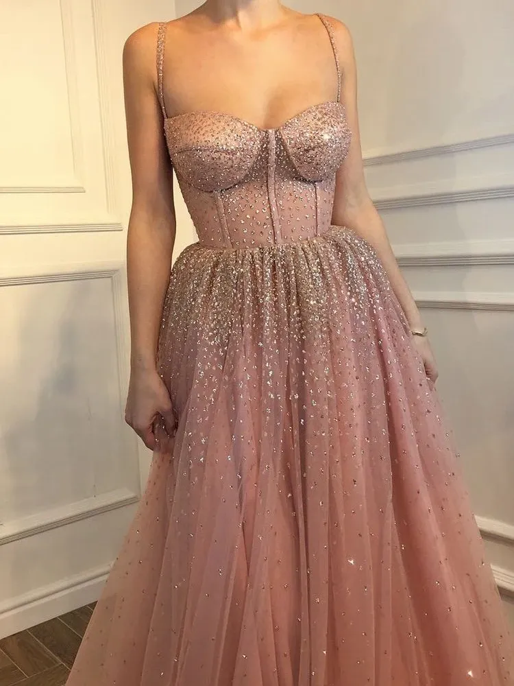 Anneprom Spaghetti Straps Prom Dress A-line Rhinestone Pink Modest Long Prom Dresses/Evening Dress APP0362