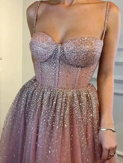 Anneprom Spaghetti Straps Prom Dress A-line Rhinestone Pink Modest Long Prom Dresses/Evening Dress APP0362