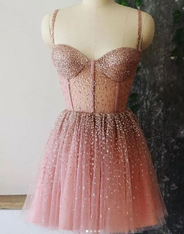 Anneprom Spaghetti Straps Prom Dress A-line Rhinestone Pink Modest Long Prom Dresses/Evening Dress APP0362