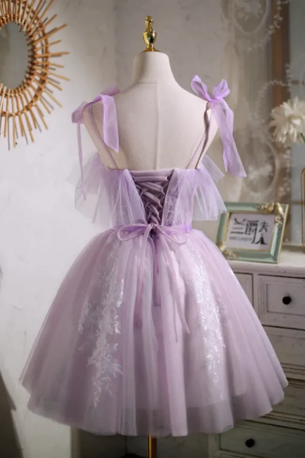 Anneprom Sweet Purple A line Short Prom Dress Homecoming Dress with Ribbon APH0181