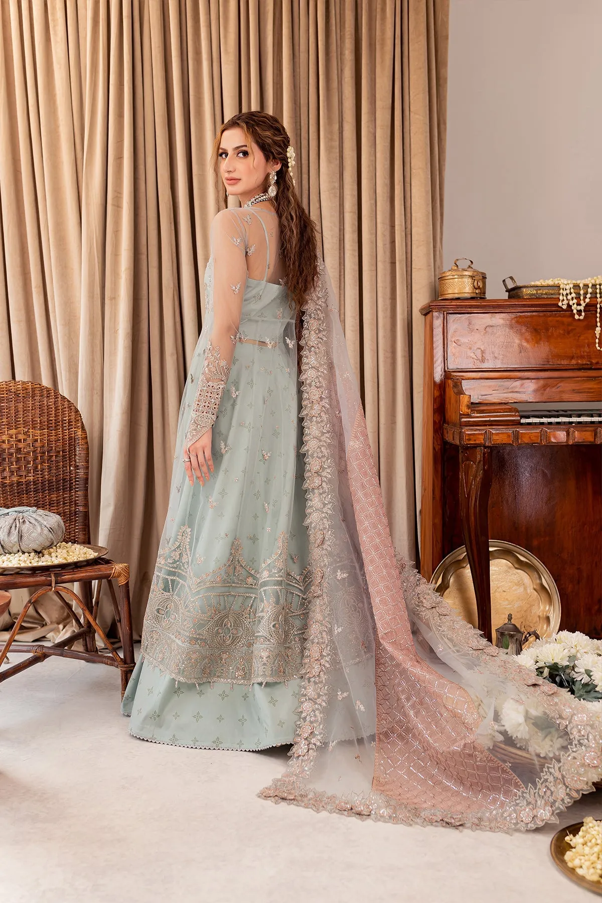 Aqua Blue Embroidered Gown Style Lehenga Pakistani Wedding Dress